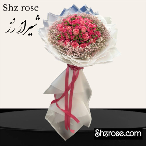 دسته گل بزرگ رز صورتی و رز مینی و عروس